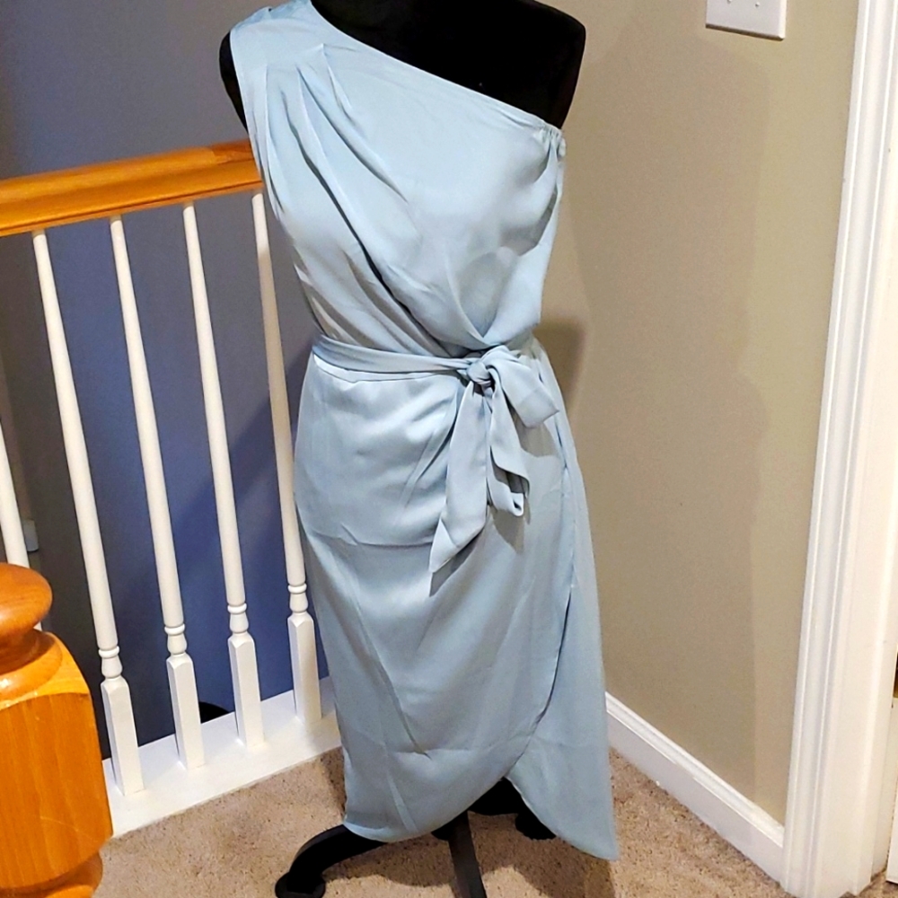 New! PRETTY GARDEN Light Blue Ruched One Shoulder Bodycon Dress with belt.